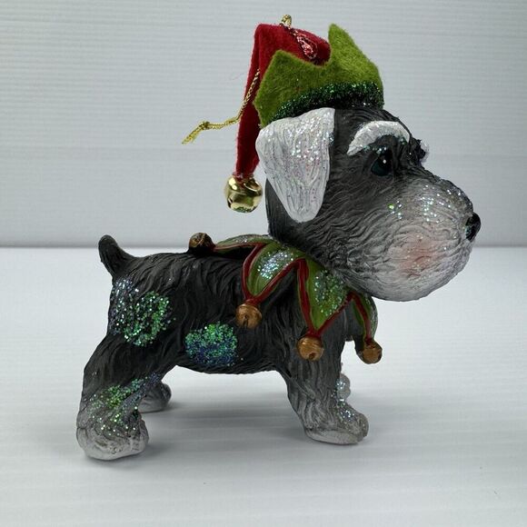Schnauzer Dog Christmas Ornament - Wearing Santa Elf Hat & Collar - Picture 7 of 12